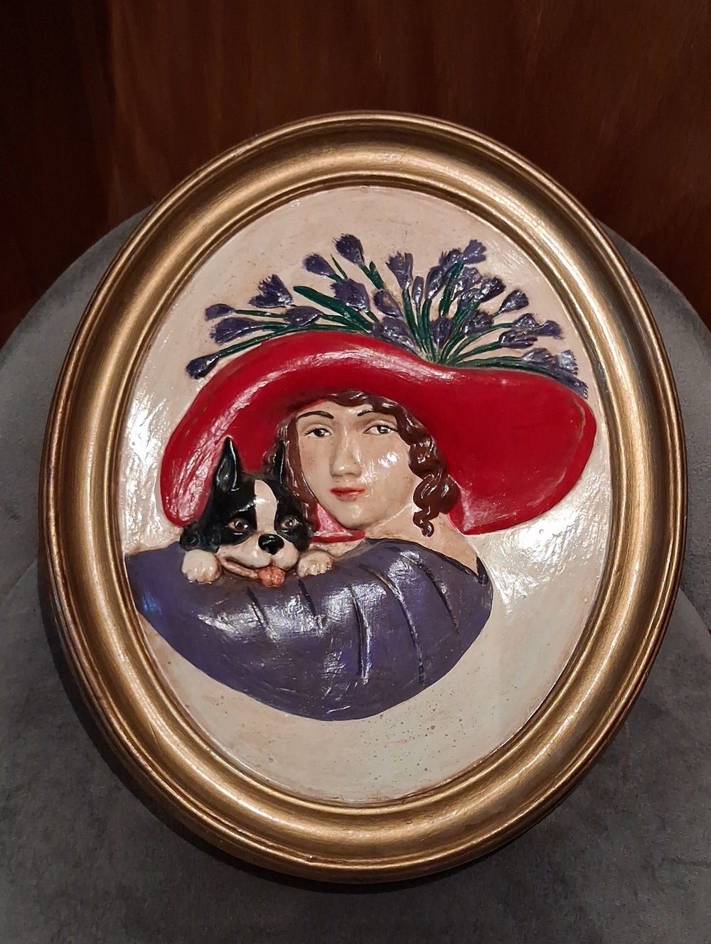 Vintage Relief Plaque Woman in Red Hat with Dog